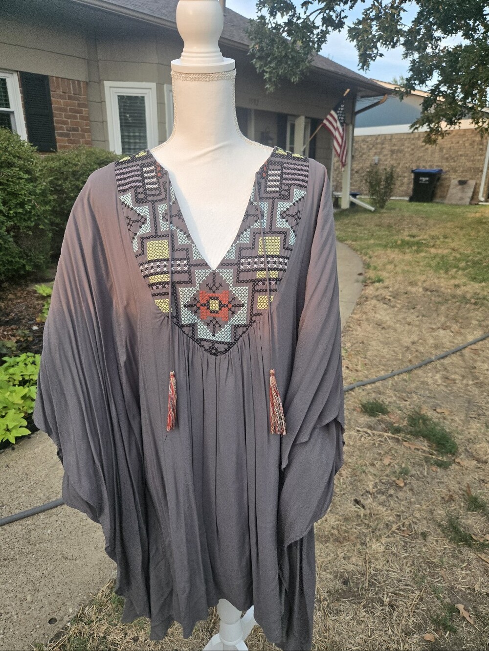 lovestitch Gray Long-Sleeve Boho Tunic with Embroidered V-Neck
